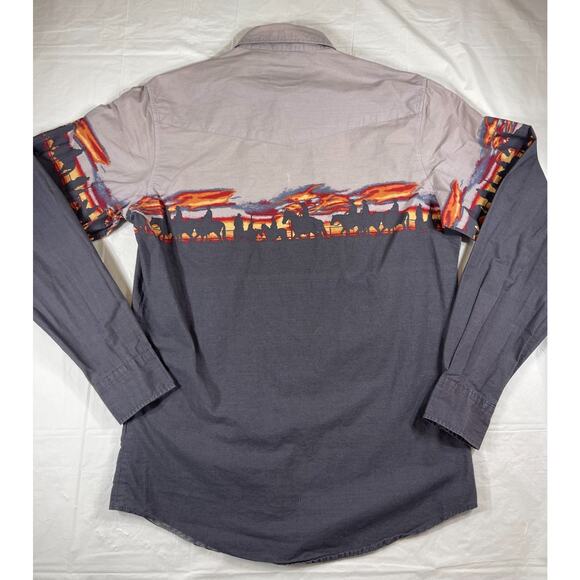 Roper Western Snap Shirt Men’s Medium Long Sleeve Cowboy Sunset Horse Print - Picture 7 of 7